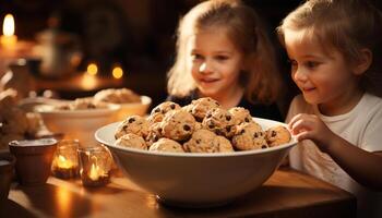 ai gerado sorridente meninas cozimento caseiro biscoitos, criando doce infância recordações juntos gerado de ai foto