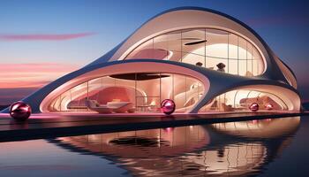 ai gerado moderno arquitetura reflete dentro a noite água, uma futurista Projeto gerado de ai foto