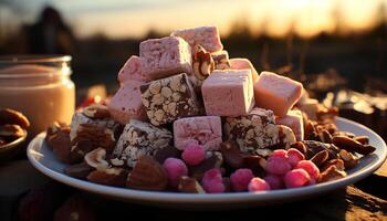 ai gerado frescor e natureza em uma de madeira mesa, indulgência dentro doce Comida gerado de ai foto