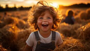 ai gerado uma alegre criança dentro natureza, sorridente às a pôr do sol beleza gerado de ai foto