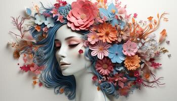 ai gerado jovem mulher beleza flores com colorida floral cabelo Projeto gerado de ai foto