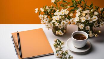 ai gerado frescor do natureza em uma de madeira mesa, flor dentro vaso gerado de ai foto