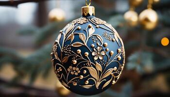 ai gerado dourado Natal enfeite suspensão em uma árvore filial, a comemorar inverno gerado de ai foto