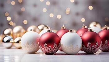 ai gerado Natal enfeite decoração, brilhante ouro bola, brilhando floco de neve padronizar gerado de ai foto