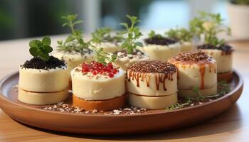 ai gerado gourmet sobremesa prato chocolate mousse, bolo de queijo, morango fatiar, indulgência gerado de ai foto