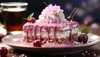 ai gerado caseiro gourmet sobremesa chocolate bolo de queijo com fresco baga decoração gerado de ai foto