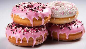 ai gerado pilha do envidraçado rosquinhas em uma Rosa placa, tentador indulgência gerado de ai foto