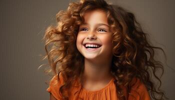 ai gerado sorridente, alegre caucasiano menina com encaracolado cabelo olhando às Câmera gerado de ai foto