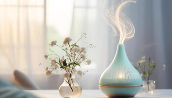 ai gerado moderno vaso com elegante ramalhete em de madeira mesa dentro brilhante quarto gerado de ai foto