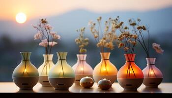 ai gerado mesa decoração vaso do flores traz natureza dentro de casa gerado de ai foto