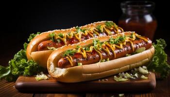 ai gerado grelhado carne bovina, carne de porco, e quente cachorro em uma pão gerado de ai foto