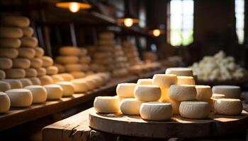 ai gerado queijo fazer tradição dentro francês fazenda, envelhecimento processo dentro porão gerado de ai foto