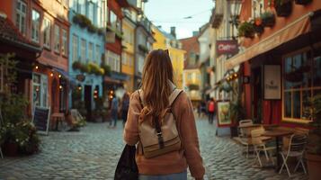 ai gerado explorando velho europeu charme mulher passeios a pavimentado rua com cafés e colorida edifícios dentro fundo foto