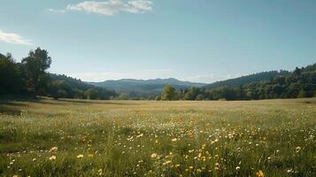 ai gerado tranquilo Prado panorama com flores silvestres debaixo Claro azul céu foto