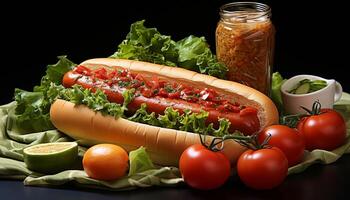 ai gerado grelhado carne sanduíche com fresco vegetais, ketchup, e fritas gerado de ai foto