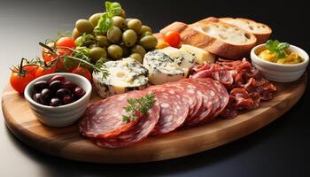 ai gerado frescor e variedade em uma de madeira mesa carne, pão, e fruta gerado de ai foto