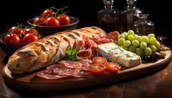 ai gerado frescor em uma rústico prato carne, pão, tomate, e prosciutto gerado de ai foto