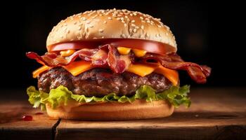 ai gerado grelhado gourmet hamburguer com queijo, tomate, e fresco pão gerado de ai foto