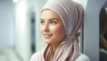 ai gerado sorridente jovem mulher dentro hijab exala confiança e elegância gerado de ai foto