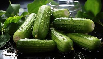 ai gerado fresco pepino fatia em molhado verde folha, natureza saudável lanche gerado de ai foto