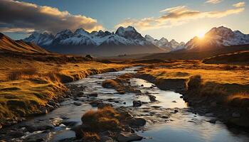 ai gerado majestoso montanha pico reflete tranquilo pôr do sol em água gerado de ai foto