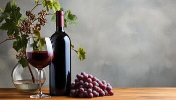 ai gerado uva vinho em mesa, beber a partir de garrafa, fresco outono fruta gerado de ai foto