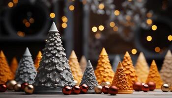 ai gerado Natal árvore brilhando com multi colori luzes, cercado de presentes gerado de ai foto