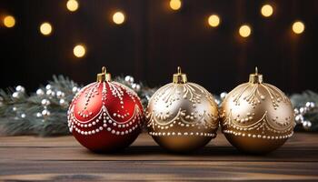 ai gerado brilhante ouro enfeite ilumina Sombrio inverno noite, decoração Natal árvore gerado de ai foto
