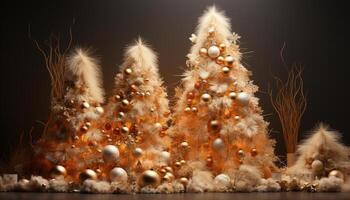 ai gerado uma fofa brinquedo animal em uma fofo neve coberto Natal árvore gerado de ai foto