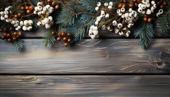 ai gerado rústico madeira mesa com Natal árvore e presente decoração gerado de ai foto