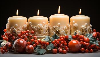 ai gerado celebração do inverno estação com brilhando luz de velas, decorado com azevinho gerado de ai foto