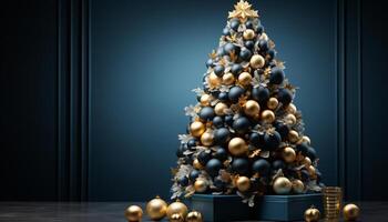 ai gerado inverno celebração Natal árvore adornado com ouro enfeites e presentes gerado de ai foto