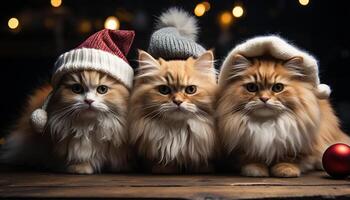 ai gerado fofa gatinho sentado, olhando às Câmera, cercado de inverno decorações gerado de ai foto