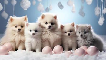 ai gerado fofa cachorro sentado, olhando às brinquedo, sorridente em azul fundo gerado de ai foto