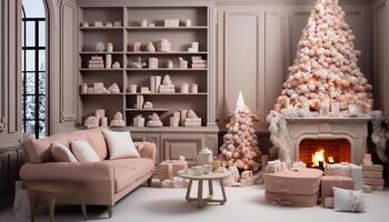 ai gerado confortável moderno vivo quarto com iluminado Natal árvore e acolhedor sofá gerado de ai foto