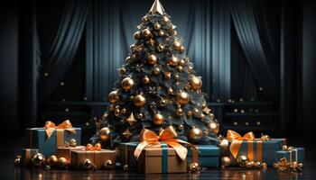 ai gerado brilhando Natal árvore ilumina inverno celebração dentro decorado casa gerado de ai foto