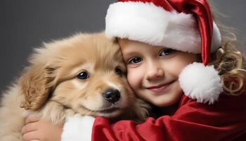 ai gerado fofa pequeno cachorro, criança, e cachorro sorridente dentro retrato gerado de ai foto