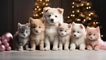 ai gerado fofa gatinho e brincalhão cachorro sentado, olhando às Câmera dentro de casa gerado de ai foto