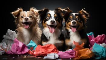 ai gerado fofa cachorro sentado, olhando às Câmera, cercado de colorida brinquedos gerado de ai foto