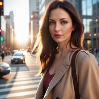 ai gerado mulher caminhando em a rua dentro cidade foto