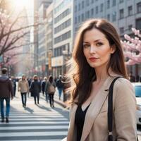 ai gerado mulher caminhando em a rua dentro cidade foto