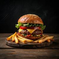 ai gerado saboroso Hamburger com francês fritas foto