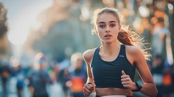 ai gerado mulher corrida dentro uma ocupado cidade rua, perfeito para ginástica sites, urbano estilo de vida blogs, e saúde relacionado social meios de comunicação Postagens. foto