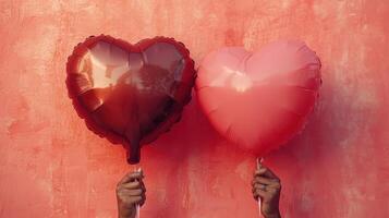 ai gerado dois mãos segurando vermelho e Rosa metálico em forma de coração balões contra uma texturizado vermelho fundo, simbolizando romance. foto