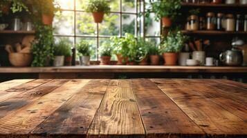 ai gerado rústico cozinha configuração com uma de madeira mesa primeiro plano e uma acolhedor pano de fundo preenchidas com plantas e iluminado pelo sol utensílios de cozinha. foto