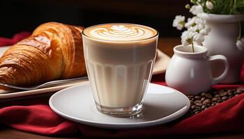 ai gerado fresco croissant e café copo em de madeira mesa, gourmet deleite gerado de ai foto