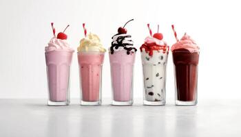 ai gerado refrescante verão milkshake com morango gelo creme e açoitado creme gerado de ai foto