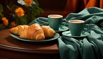 ai gerado fresco croissant e café em de madeira mesa, uma delicioso café da manhã gerado de ai foto