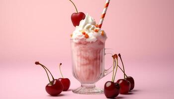 ai gerado fresco morango milkshake em Rosa mesa, uma verão indulgência gerado de ai foto