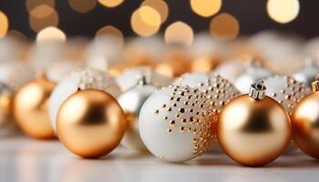 ai gerado brilhante ouro enfeites iluminar a festivo Natal árvore dentro de casa gerado de ai foto